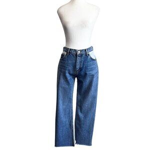 ANDERSSON BELL HIGH RISE PATCHWORK DENIM FLARED RAW HEM CROPPED JEANS - M